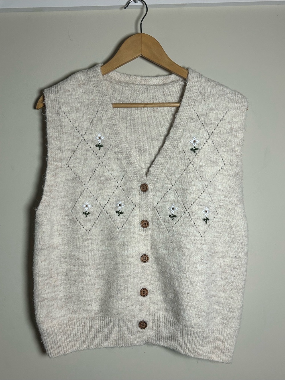 Oatmeal Cream V-Neck Sweater Vest with Floral Embroidery
